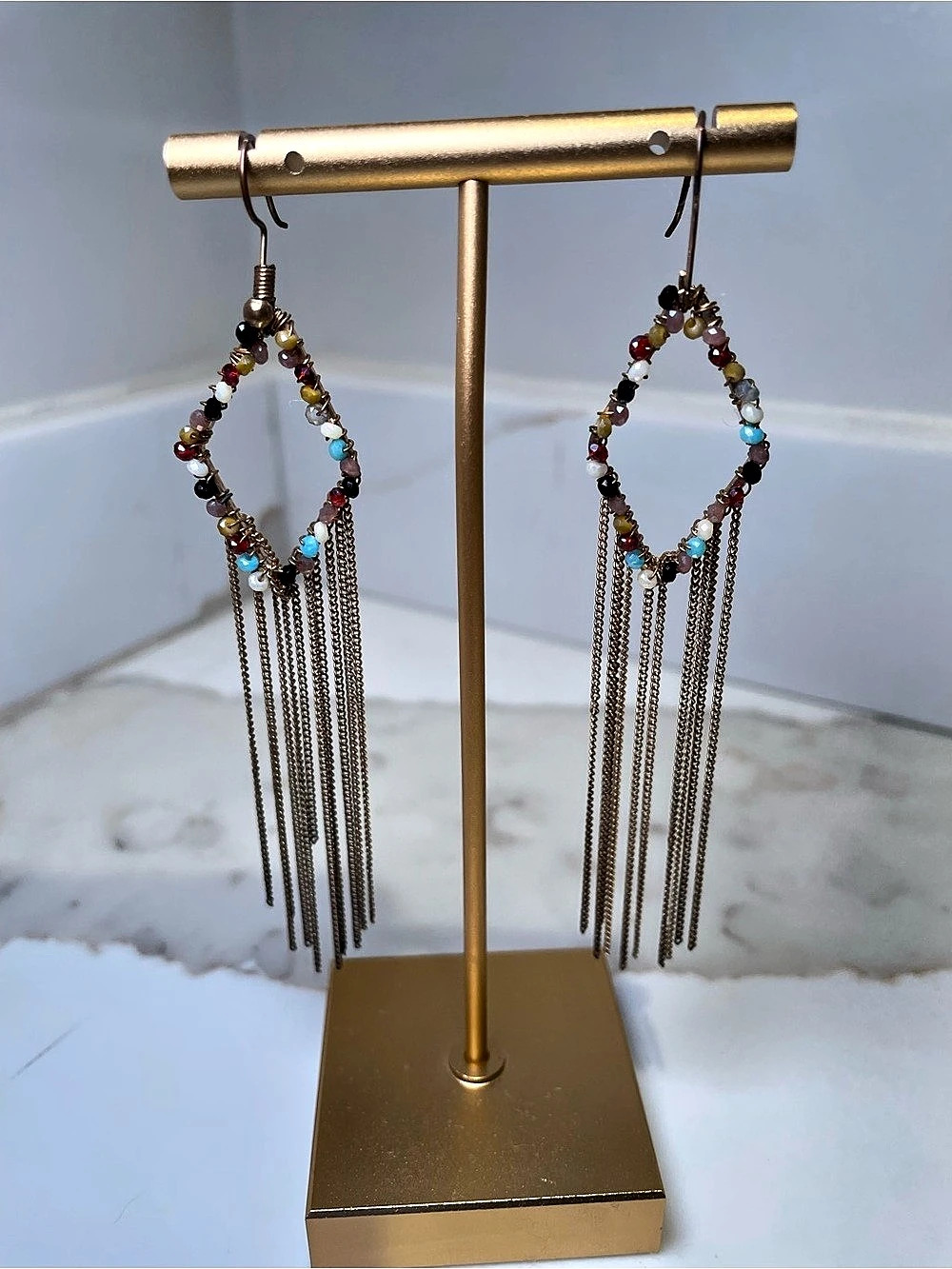 Beaded Chain Fringe Earrings in Gold & Multicolor